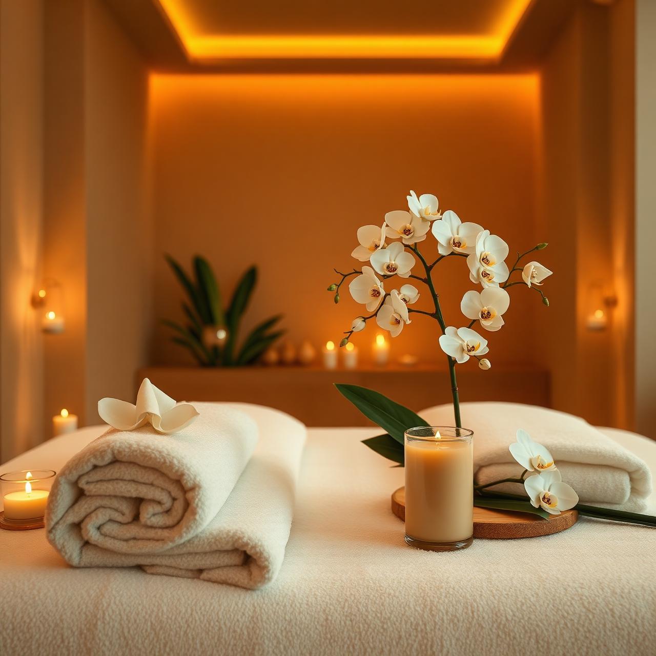 Ambiente de spa acolhedor com velas e orquídeas